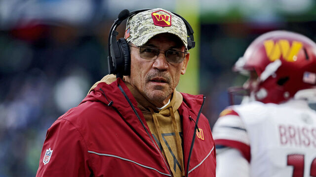 SEATTLE, WASHINGTON - NOVEMBER 12: Head coach Ron Rivera of the Washington Commanders looks on during the second quarter against the Seattle Seahawks at Lumen Field on November 12, 2023 in Seattle, Washington.