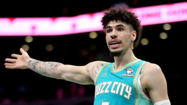 CHARLOTTE, NORTH CAROLINA - NOVEMBER 14: LaMelo Ball #1 of the Charlotte Hornets reacts to a call during the second half of an NBA In-Season Tournament game against the Miami Heat at Spectrum Center on November 14, 2023 in Charlotte, North Carolina.