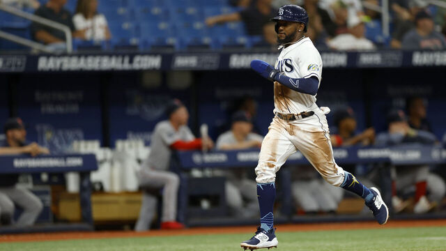 ST PETERSBURG, FLORIDA - SEPTEMBER 05: Vidal Brujan #7 of the Tampa Bay Rays scores a run in the scond inning during a game against the Boston Red Sox at Tropicana Field on September 05, 2023 in St Petersburg, Florida.