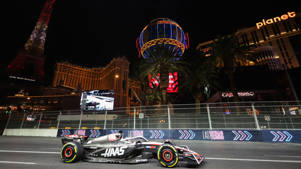 Kevin Magnussen of Haas during second practice ahead of the Formula 1 Las Vegas Grand Prix at Las Vegas Strip Circuit in Las Vegas, United States on November 16, 2023.