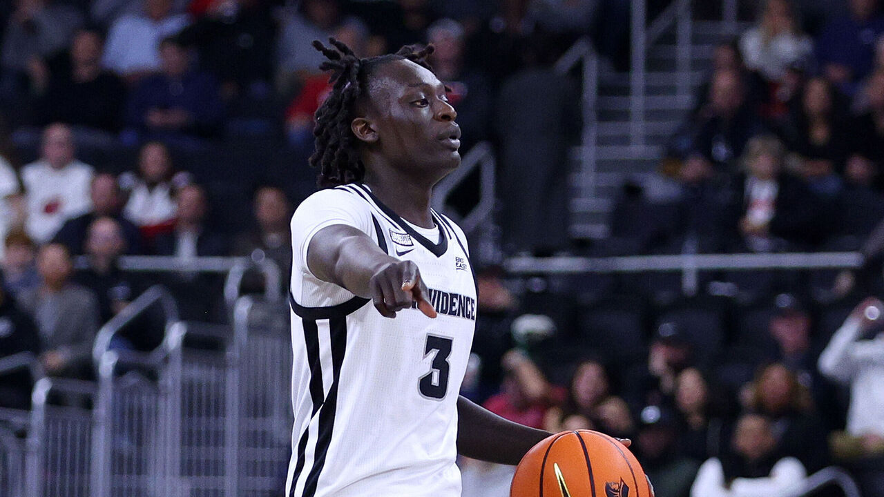 PROVIDENCE, RI - NOVEMBER 14: Providence Friars guard Garwey Dual (3) in action during a college basketball game between Wisconsin Badgers and Providence Friars on November 14, 2023, at Amica Mutual Pavilion in Providence, RI.