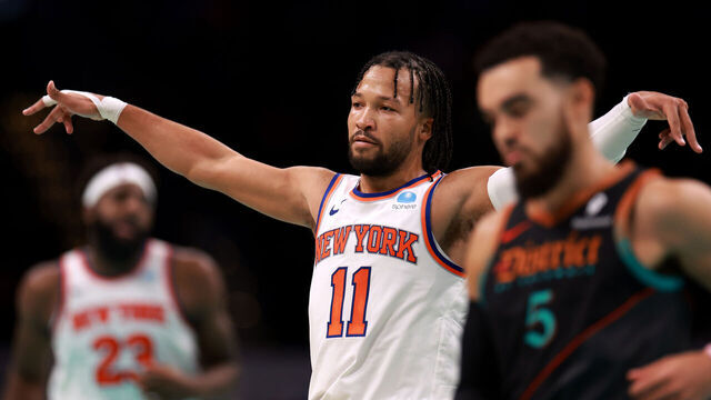 WASHINGTON, DC - NOVEMBER 17: Jalen Brunson #11 of the New York Knicks celebrates after scoring against the Washington Wizards in the second half during an NBA In-Season Tournament game at Capital One Arena on November 17, 2023 in Washington, DC.