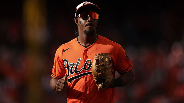 BALTIMORE, MARYLAND - OCTOBER 08: Jorge Mateo #3 of the Baltimore Orioles runs to the dugout against the Texas Rangers during Game Two of the American League Division Series at Oriole Park at Camden Yards on October 08, 2023 in Baltimore, Maryland.