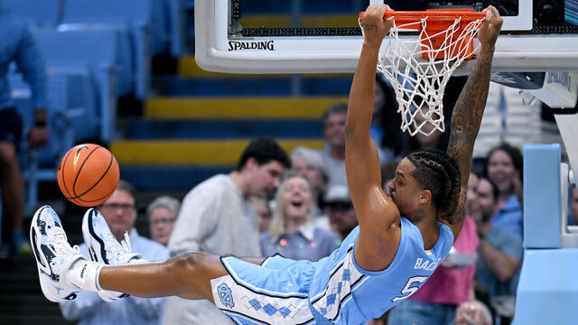 CHAPEL HILL, NORTH CAROLINA - NOVEMBER 17: Armando Bacot #5 of the North Carolina Tar Heels dunks against the UC Riverside Highlanders during the first half of the game at the Dean E. Smith Center on November 17, 2023 in Chapel Hill, North Carolina.