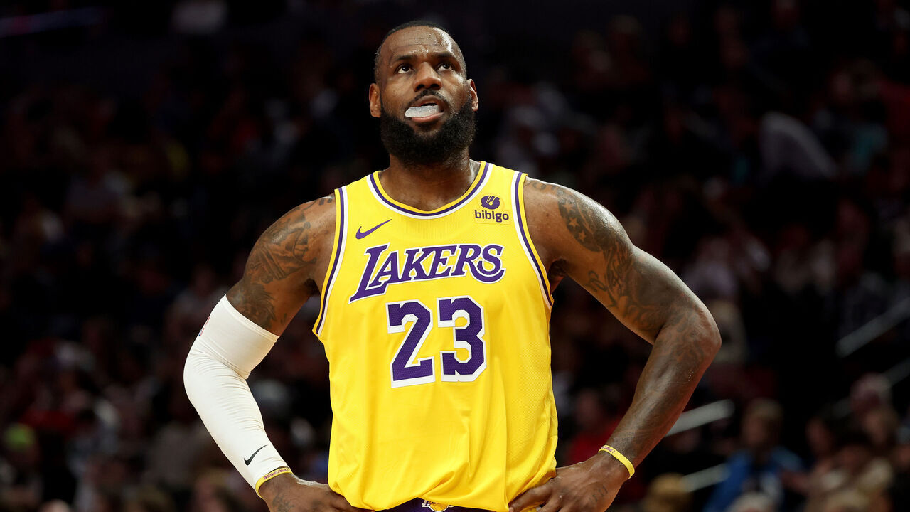 PORTLAND, OREGON - NOVEMBER 17: LeBron James #23 of the Los Angeles Lakers looks on during the first quarter against the Portland Trail Blazers at Moda Center on November 17, 2023 in Portland, Oregon.
