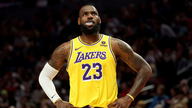 PORTLAND, OREGON - NOVEMBER 17: LeBron James #23 of the Los Angeles Lakers looks on during the first quarter against the Portland Trail Blazers at Moda Center on November 17, 2023 in Portland, Oregon.
