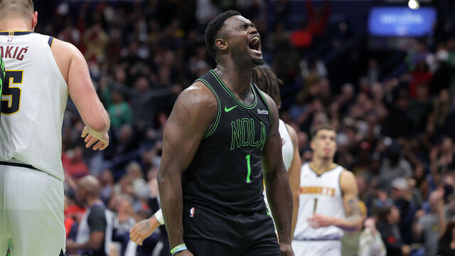 NEW ORLEANS, LOUISIANA - NOVEMBER 17: Zion Williamson #1 of the New Orleans Pelicans celebrates after scoring during the second half of an NBA In-Season Tournament game against the Denver Nuggets at the Smoothie King Center on November 17, 2023 in New Orleans, Louisiana.