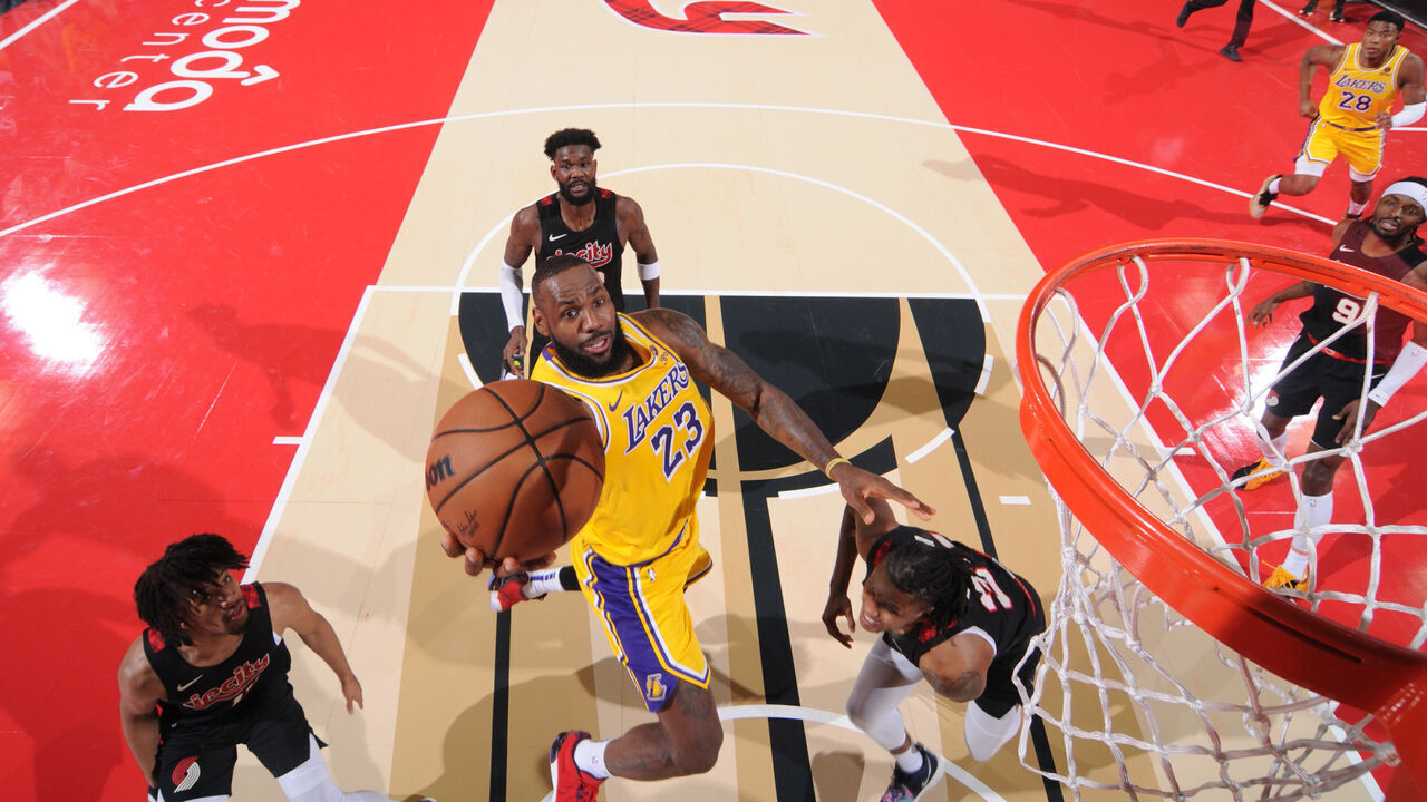 PORTLAND, OR - NOVEMBER 17: LeBron James #23 of the Los Angeles Lakers drives to the basket during the game against the Portland Trail Blazers during the In-Season Tournament on November 17, 2023 at the Moda Center Arena in Portland, Oregon. Mandatory Copyright Notice: Copyright 2023 NBAE