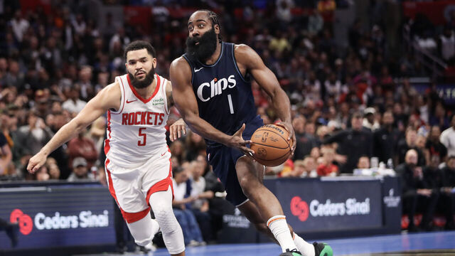 LOS ANGELES, CALIFORNIA - NOVEMBER 17: James Harden #1 of the LA Clippers drives with the ball against Fred VanVleet #5 of the Houston Rockets in the fourth period during an NBA In-Season Tournament game at Crypto.com Arena on November 17, 2023 in Los Angeles, California.