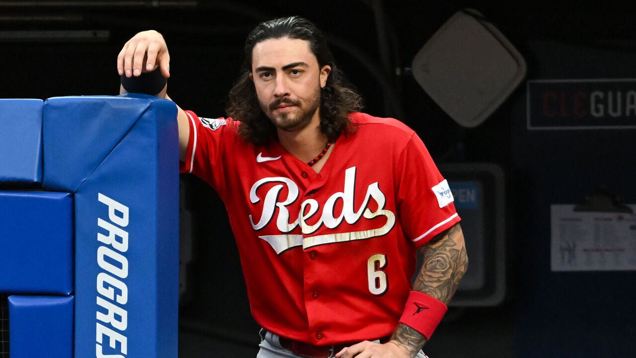 CLEVELAND, OHIO - SEPTEMBER 26, 2023: Jonathan India #6 of the Cincinnati Reds looks on during the third inning against the Cleveland Guardians at Progressive Field on September 26, 2023 in Cleveland, Ohio.