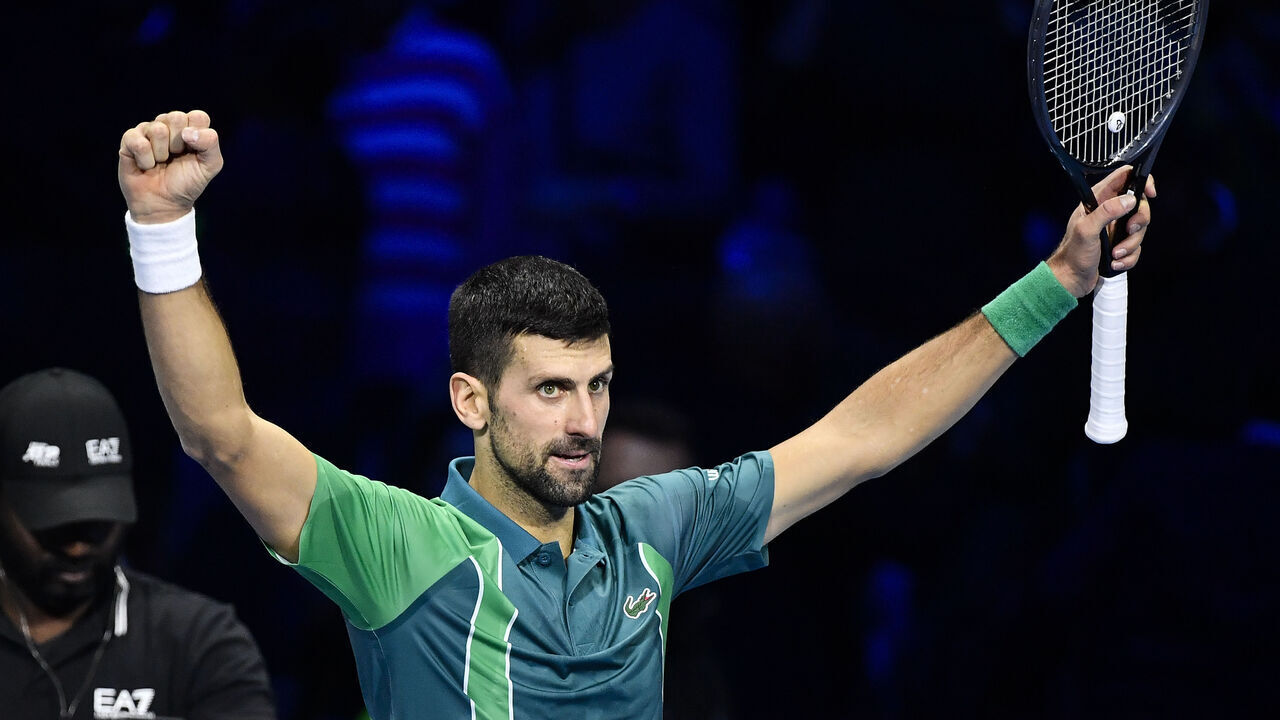 TURIN, ITALY - NOVEMBER 18: Novak Djokovic of Serbia celebrates a victory against Carlos Alcaraz of Spain in their Semi Finals Men's Single's Nitto ATP match during day seven of the Nitto ATP Finals at Pala Alpitour on November 18, 2023 in Turin, Italy.