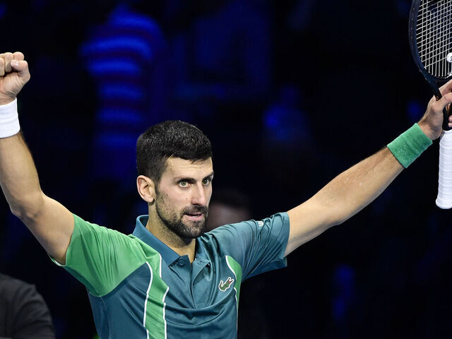 TURIN, ITALY - NOVEMBER 18: Novak Djokovic of Serbia celebrates a victory against Carlos Alcaraz of Spain in their Semi Finals Men's Single's Nitto ATP match during day seven of the Nitto ATP Finals at Pala Alpitour on November 18, 2023 in Turin, Italy.
