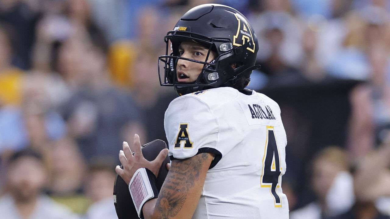 CHAPEL HILL, NC - SEPTEMBER 09: Appalachian State Mountaineers quarterback Joey Aguilar (4) looks to pass the ball during a college football game against the North Carolina Tar Heels on September 09, 2023 at Kenan Memorial Stadium in Chapel Hill, North Carolina.