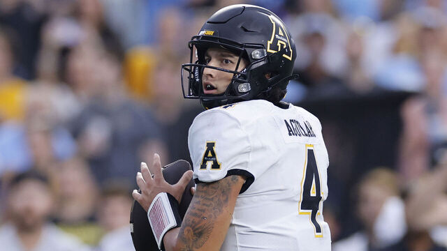 CHAPEL HILL, NC - SEPTEMBER 09: Appalachian State Mountaineers quarterback Joey Aguilar (4) looks to pass the ball during a college football game against the North Carolina Tar Heels on September 09, 2023 at Kenan Memorial Stadium in Chapel Hill, North Carolina.
