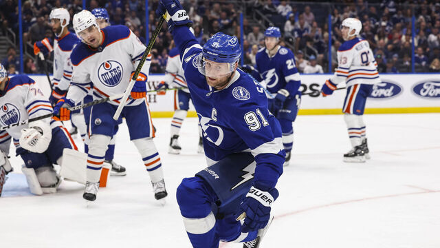 TAMPA, FL - NOVEMBER 18: Steven Stamkos #91 of the Tampa Bay Lightning celebrates a goal against the Edmonton Oilers during the third period at Amalie Arena on November 18, 2023 in Tampa, Florida.
