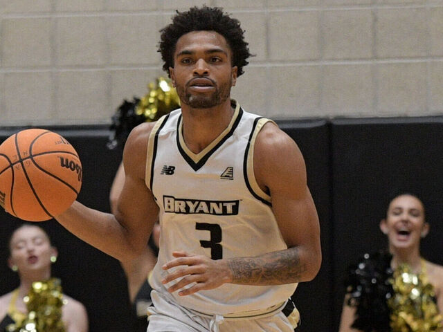 SMITHFIELD, RI - DECEMBER 02: Bryant Bulldogs guard Sherif Gross-Bullock (3) brings the ball up the court during a college basketball game between the Brown Bears and the Bryant Bulldogs on December 2, 2022, at Chace Athletic Center in Smithfield, RI.