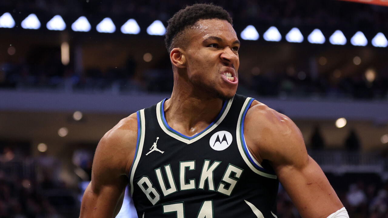 MILWAUKEE, WISCONSIN - NOVEMBER 18: Giannis Antetokounmpo #34 of the Milwaukee Bucks reacts to a dunk against the Dallas Mavericks during the first half of a game at Fiserv Forum on November 18, 2023 in Milwaukee, Wisconsin.