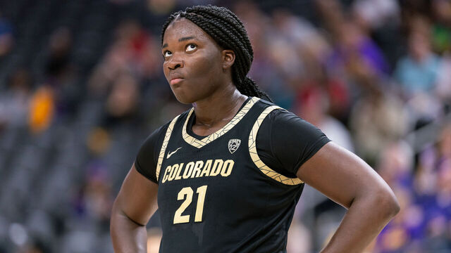 LAS VEGAS, NEVADA - NOVEMBER 6: Aaronette Vonleh #21 of the Colorado Buffaloes is seen during the game against the LSU Lady Tigers in the Naismith Hall of Fame Series at T-Mobile Arena on November 6, 2023 in Las Vegas, Nevada.