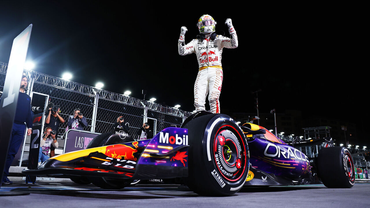 LAS VEGAS, NEVADA - NOVEMBER 18: Race winner Max Verstappen of the Netherlands and Oracle Red Bull Racing celebrates in parc ferme during the F1 Grand Prix of Las Vegas at Las Vegas Strip Circuit on November 18, 2023 in Las Vegas, Nevada.