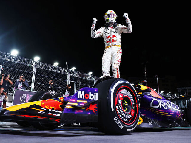 LAS VEGAS, NEVADA - NOVEMBER 18: Race winner Max Verstappen of the Netherlands and Oracle Red Bull Racing celebrates in parc ferme during the F1 Grand Prix of Las Vegas at Las Vegas Strip Circuit on November 18, 2023 in Las Vegas, Nevada.