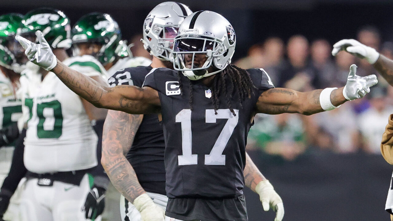 LAS VEGAS, NEVADA - NOVEMBER 12: Wide receiver Davante Adams #17 of the Las Vegas Raiders gestures to fans late in the fourth quarter of a game against the New York Jets at Allegiant Stadium on November 12, 2023 in Las Vegas, Nevada. The Raiders defeated the Jets 16-12.