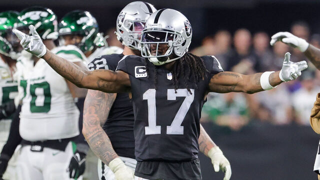 LAS VEGAS, NEVADA - NOVEMBER 12: Wide receiver Davante Adams #17 of the Las Vegas Raiders gestures to fans late in the fourth quarter of a game against the New York Jets at Allegiant Stadium on November 12, 2023 in Las Vegas, Nevada. The Raiders defeated the Jets 16-12.