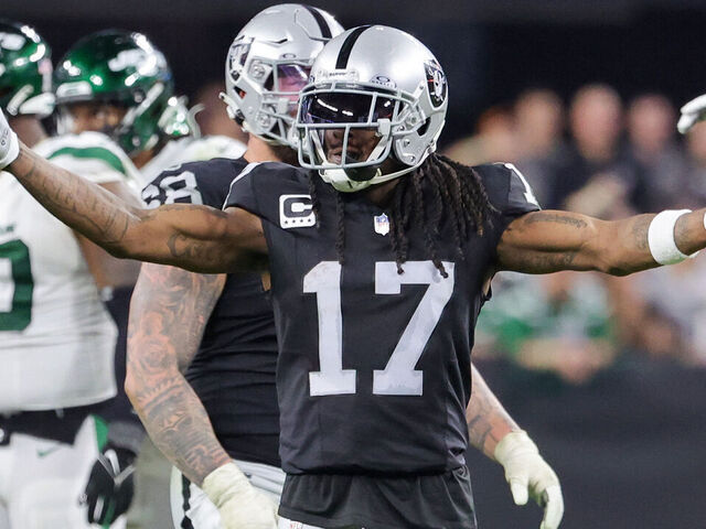 LAS VEGAS, NEVADA - NOVEMBER 12: Wide receiver Davante Adams #17 of the Las Vegas Raiders gestures to fans late in the fourth quarter of a game against the New York Jets at Allegiant Stadium on November 12, 2023 in Las Vegas, Nevada. The Raiders defeated the Jets 16-12.