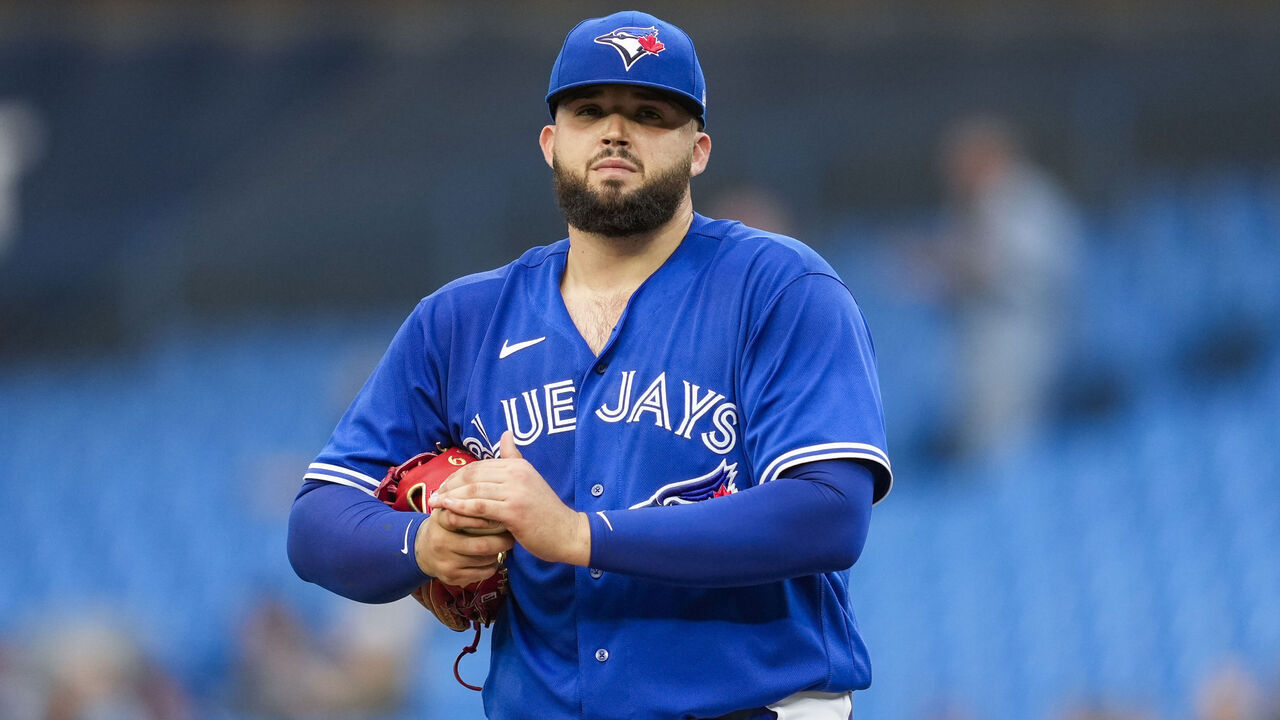 TORONTO, ON - JUNE 5: Alek Manoah #6 of the Toronto Blue Jays looks on from the mound against the Houston Astros in the first inning during their MLB game at the Rogers Centre on June 5, 2023 in Toronto, Ontario, Canada.