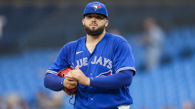 TORONTO, ON - JUNE 5: Alek Manoah #6 of the Toronto Blue Jays looks on from the mound against the Houston Astros in the first inning during their MLB game at the Rogers Centre on June 5, 2023 in Toronto, Ontario, Canada.