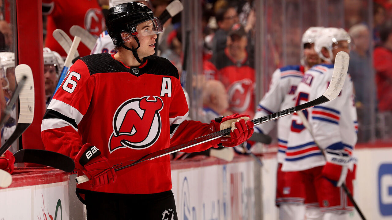 NEWARK, NEW JERSEY - NOVEMBER 18: Jack Hughes #86 of the New Jersey Devils waits for a review giving him a goal during the first period against the New York Rangers at Prudential Center on November 18, 2023 in Newark, New Jersey.