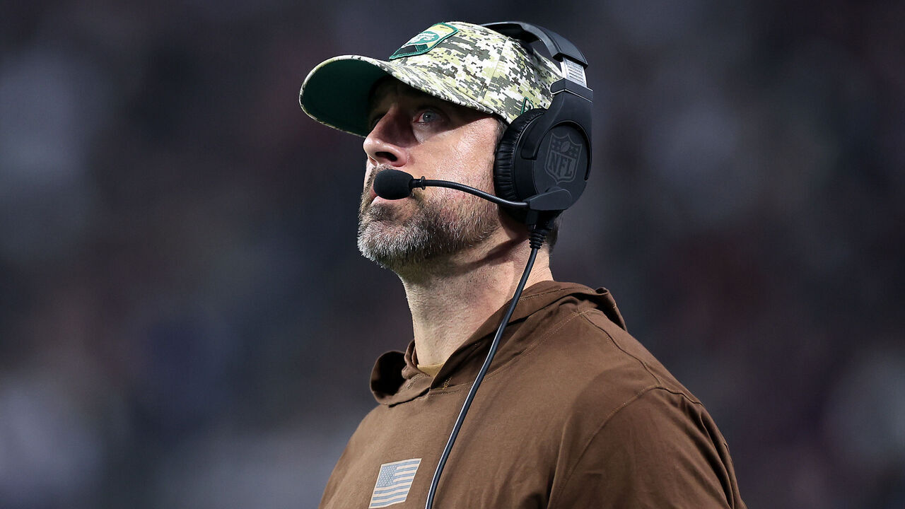 LAS VEGAS, NEVADA - NOVEMBER 12: Quarterback Aaron Rodgers #8 of the New York Jets watches from the sidelines during the game against the Las Vegas Raiders at Allegiant Stadium on November 12, 2023 in Las Vegas, Nevada.