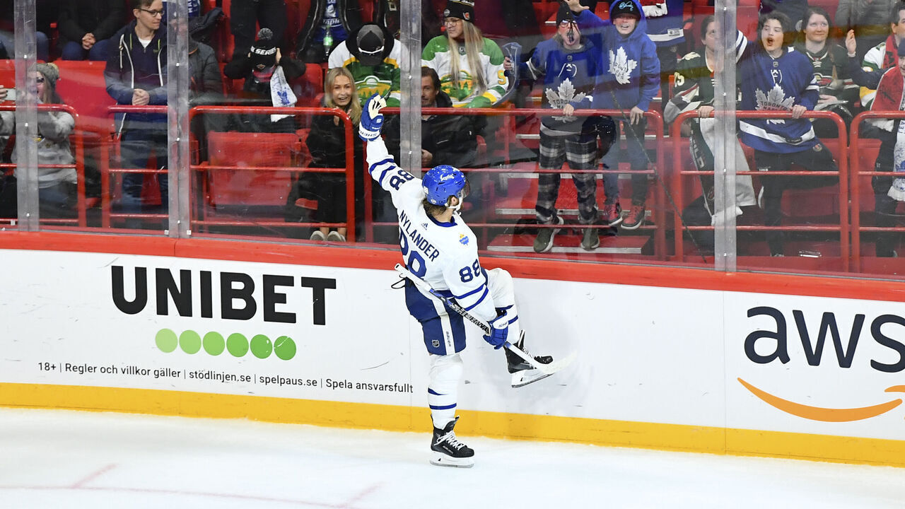 STOCKHOLM, SWEDEN - NOVEMBER 19: William Nylander #88 of the Toronto Maple Leafs celebrates his game winning goal against the Minnesota Wild in overtime during the 2023 NHL Global Series Sweden at Avicii Arena on November 19, 2023 in Stockholm, Sweden.