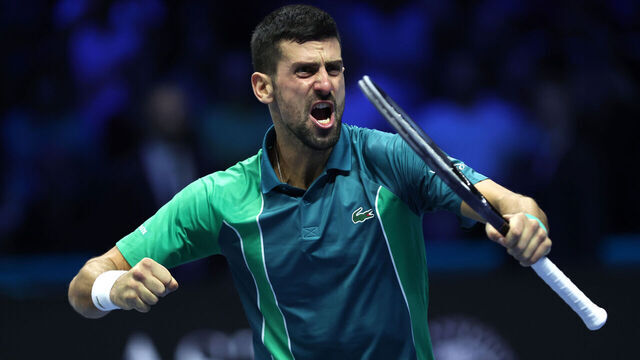 TURIN, ITALY - NOVEMBER 19: Novak Djokovic of Serbia celebrates winning match point against Jannik Sinner of Italy in the Men's Singles Finals between Jannik Sinner of Italy and Novak Djokovic of Serbia on day eight of the Nitto ATP Finals at Pala Alpitour on November 19, 2023 in Turin, Italy.