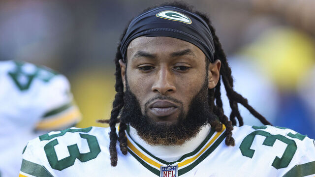 PITTSBURGH, PA - NOVEMBER 12: Aaron Jones #33 of the Green Bay Packers looks on from the sideline during an NFL football game against the Pittsburgh Steelers at Acrisure Stadium on November 12, 2023 in Pittsburgh, Pennsylvania.