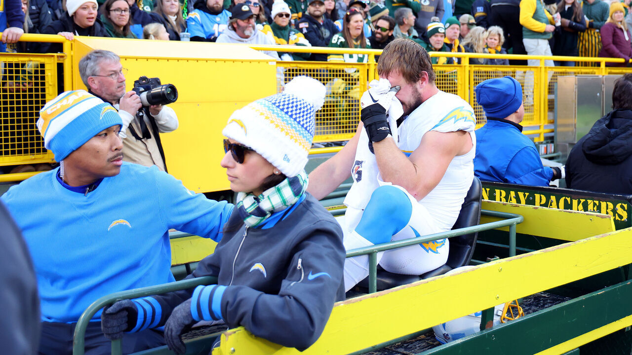 GREEN BAY, WISCONSIN - NOVEMBER 19: Joey Bosa #97 of the Los Angeles Chargers is carted off the field after being injured in the first quarter against the Green Bay Packers at Lambeau Field on November 19, 2023 in Green Bay, Wisconsin.