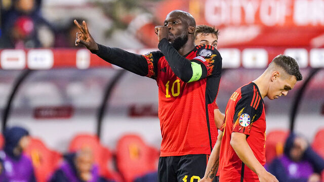BRUSSELS, BELGIUM - NOVEMBER 19: Romelu Lukaku of Belgium celebrates after scoring his teams third goal during the Group F - UEFA EURO 2024 European Qualifiers match between Belgium and Azerbaijan at King Baudouin Stadium on November 19, 2023 in Brussels, Belgium.