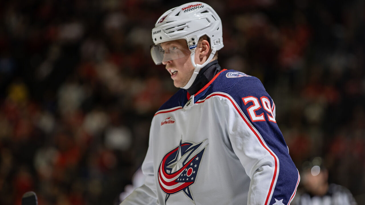 DETROIT, MI - NOVEMBER 11: Patrik Laine #29 of the Columbus Blue Jackets skates around on a play stoppage against the Columbus Blue Jackets during the second period at Little Caesars Arena on November 11, 2023 in Detroit, Michigan. Detroit defeated Columbus 5-4.