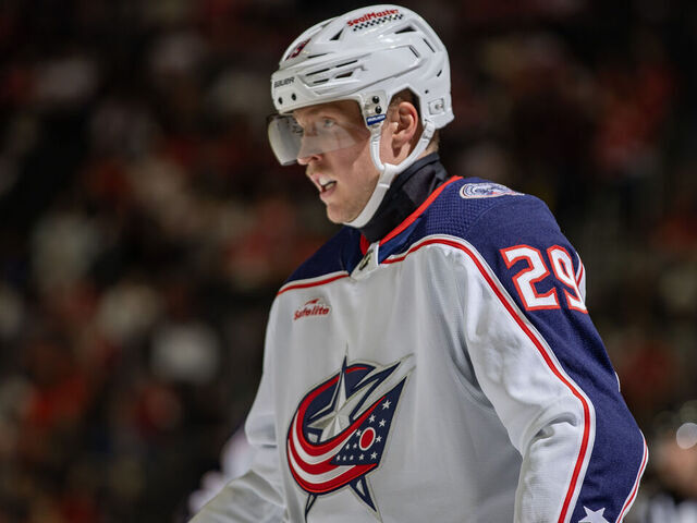 DETROIT, MI - NOVEMBER 11: Patrik Laine #29 of the Columbus Blue Jackets skates around on a play stoppage against the Columbus Blue Jackets during the second period at Little Caesars Arena on November 11, 2023 in Detroit, Michigan. Detroit defeated Columbus 5-4.