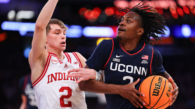 NEW YORK, NY - NOVEMBER 19: Tristen Newton #2 of the Connecticut Huskies during the first half of the Empire Classic college basketball game against the Indiana Hoosiers on November 19, 2023 at Madison Square Garden in New York, New York,