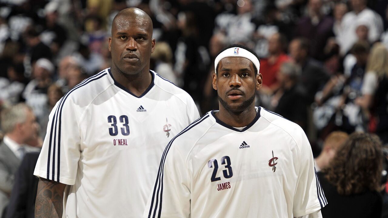 CLEVELAND - MAY 3: Shaquille O'Neal #33 and LeBron James #23 of the Cleveland Cavaliers on the court during warm-ups prior to Game Two of the Eastern Conferense Semifinals against the Boston Celtics during the 2010 NBA Playoffs at Quicken Loans Arena on May 3, 2010 in Cleveland, Ohio. The Celtics won 104-86. NOTE TO USER: User expressly acknowledges and agrees that, by downloading and/or using this Photograph, user is consenting to the terms and conditions of the Getty Images License Agreement. Mandatory Copyright Notice: Copyright 2010 NBAE