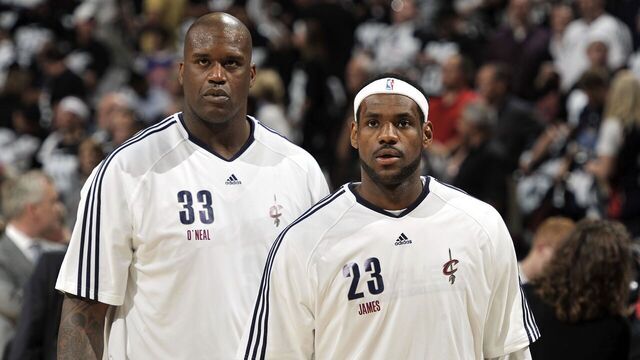 CLEVELAND - MAY 3: Shaquille O'Neal #33 and LeBron James #23 of the Cleveland Cavaliers on the court during warm-ups prior to Game Two of the Eastern Conferense Semifinals against the Boston Celtics during the 2010 NBA Playoffs at Quicken Loans Arena on May 3, 2010 in Cleveland, Ohio. The Celtics won 104-86. NOTE TO USER: User expressly acknowledges and agrees that, by downloading and/or using this Photograph, user is consenting to the terms and conditions of the Getty Images License Agreement. Mandatory Copyright Notice: Copyright 2010 NBAE