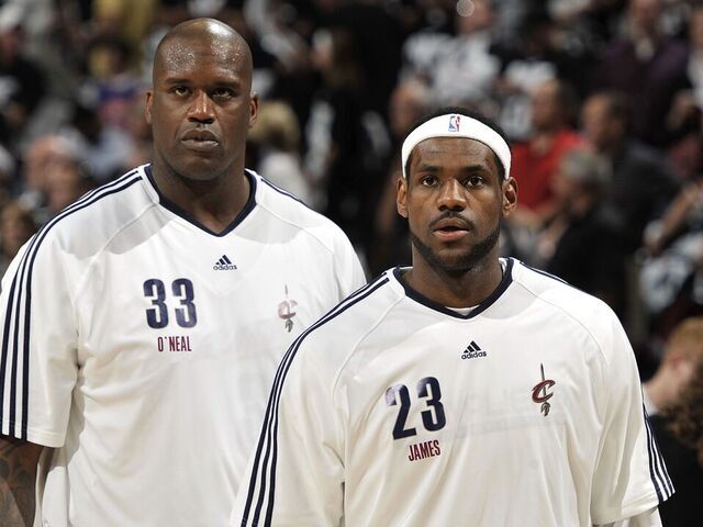 CLEVELAND - MAY 3: Shaquille O'Neal #33 and LeBron James #23 of the Cleveland Cavaliers on the court during warm-ups prior to Game Two of the Eastern Conferense Semifinals against the Boston Celtics during the 2010 NBA Playoffs at Quicken Loans Arena on May 3, 2010 in Cleveland, Ohio. The Celtics won 104-86. NOTE TO USER: User expressly acknowledges and agrees that, by downloading and/or using this Photograph, user is consenting to the terms and conditions of the Getty Images License Agreement. Mandatory Copyright Notice: Copyright 2010 NBAE