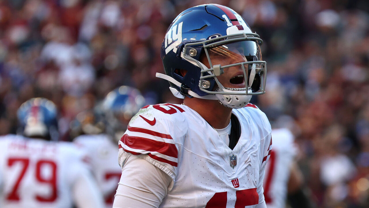 LANDOVER, MARYLAND - NOVEMBER 19: Tommy DeVito #15 of the New York Giants celebrates after a touchdown during the fourth quarter in the game against the Washington Commanders at FedExField on November 19, 2023 in Landover, Maryland.
