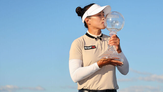 NAPLES, FLORIDA - NOVEMBER 19: Amy Yang of Korea poses with the CME Globe trophy after winning the CME Group Tour Championship at Tiburon Golf Club on November 19, 2023 in Naples, Florida.
