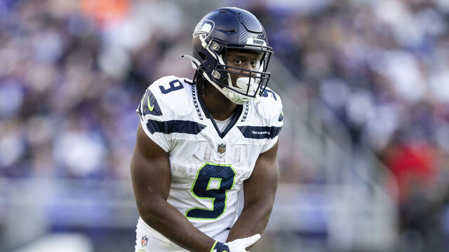 BALTIMORE, MARYLAND - NOVEMBER 05: Kenneth Walker III #9 of the Seattle Seahawks lines up during an NFL football game between the Baltimore Ravens and the Seattle Seahawks at M&T Bank Stadium on November 05, 2023 in Baltimore, Maryland.