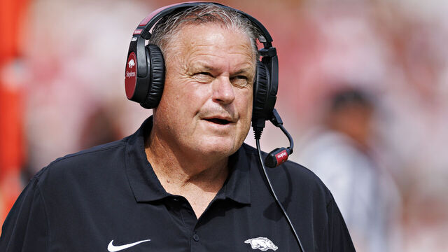 FAYETTEVILLE, ARKANSAS - OCTOBER 21: Head Coach Sam Pittman of the Arkansas Razorbacks on the sidelines during the game against the Mississippi State Bulldogs at Donald W. Reynolds Razorback Stadium on October 21, 2023 in Fayetteville, Arkansas. The Bulldogs defeated the Razorbacks 7-3.