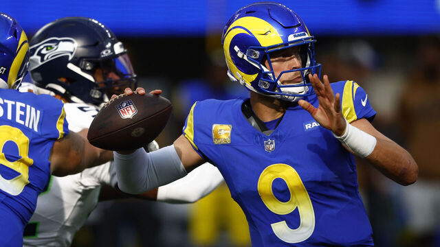 INGLEWOOD, CALIFORNIA - NOVEMBER 19: Matthew Stafford #9 of the Los Angeles Rams passes the ball during the first quarter against the Seattle Seahawks at SoFi Stadium on November 19, 2023 in Inglewood, California.