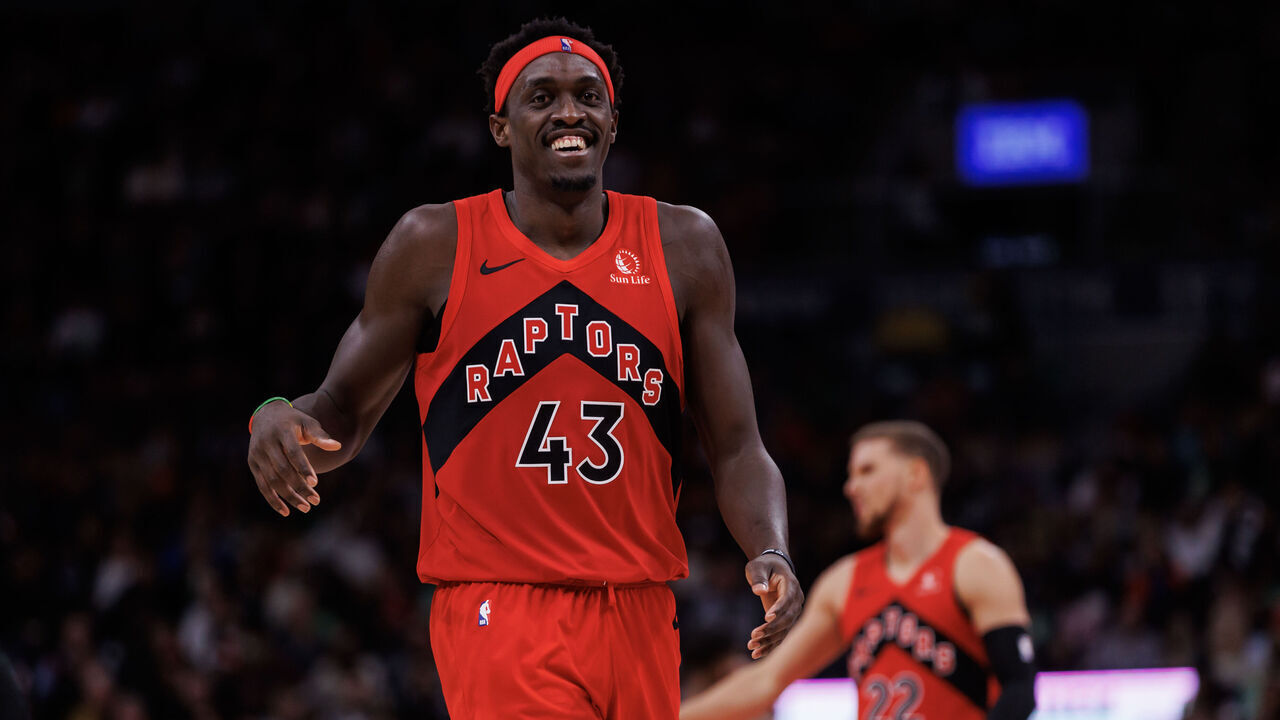 TORONTO, CANADA - NOVEMBER 19: Pascal Siakam #43 of the Toronto Raptors reacts after scoring a basket against the Detroit Pistons during the second half of their NBA game at Scotiabank Arena on November 19, 2023 in Toronto, Canada.