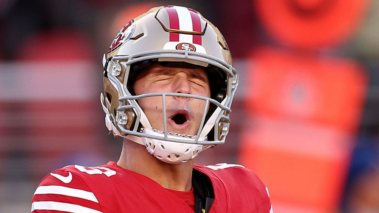 SANTA CLARA, CALIFORNIA - NOVEMBER 19: Brock Purdy #13 of the San Francisco 49ers reacts after throwing a pass for a touchdown during the third quarter of a game against the Tampa Bay Buccaneers at Levi's Stadium on November 19, 2023 in Santa Clara, California.