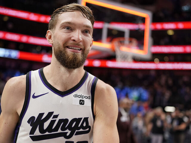 DALLAS, TEXAS - NOVEMBER 19: Domantas Sabonis #10 of the Sacramento Kings walks off the court after defeating the Dallas Mavericks at American Airlines Center on November 19, 2023 in Dallas, Texas.
